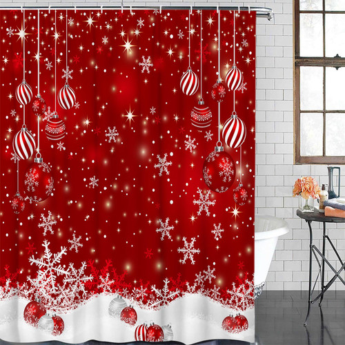 LUSWEET Christmas Shower Curtain Lightweight Winter Snowflake Xmas Shower Curtains with 12 Hooks Waterproof Red Xmas Balls Bath Curtain for Bathroom,Bathtub Decor Red Shower Curtain Set 72 X 96 Inch