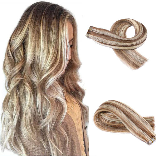 SUNFA Hair Extensions Real Human Hair, 18 Inch Tape in Hair Extensions, 40g 20PCS Balayage Chestnut Brown to Blonde Natural Soft Weft Tape on Extensions Silky Straight Highlight Seamless Glue in Human Hair Extensions