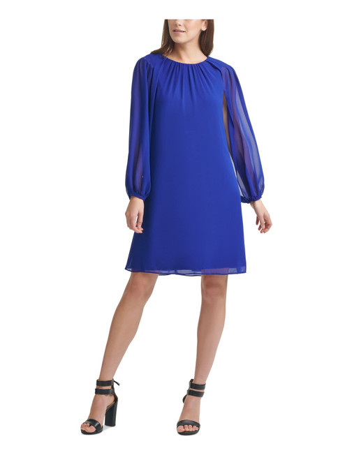 DKNY Womens Blue Stretch Sheer Long Sleeve Crew Neck Short Wear to Work Shift Dress 6