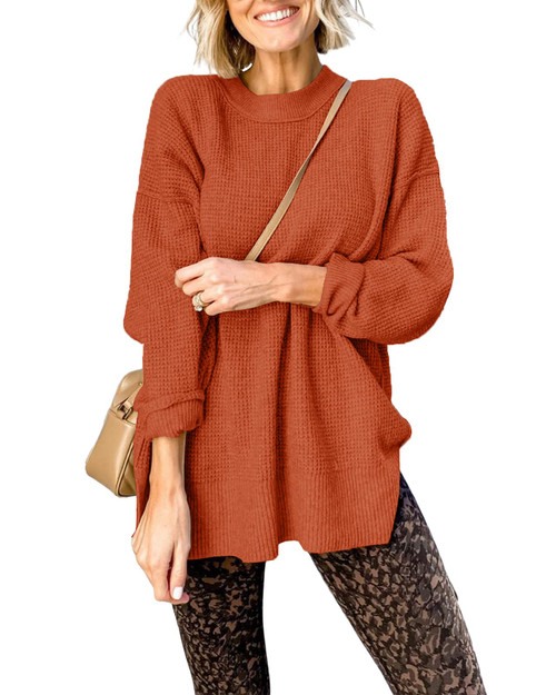 Popheartgo Sweater for Women Crew Neck Long Sleeve Pullover Sweaters Oversized Waffle Knit Side Split Jumper Tops Brick Red