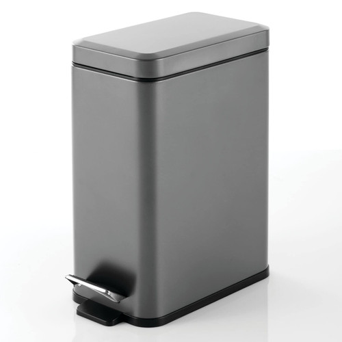mDesign Slim Metal Rectangle 2.6 Gallon Trash Can with Step Pedal, Easy-Close Lid, Removable Liner - Narrow Wastebasket Garbage Container Bin for Bathroom, Bedroom, Kitchen, Office - Graphite Gray