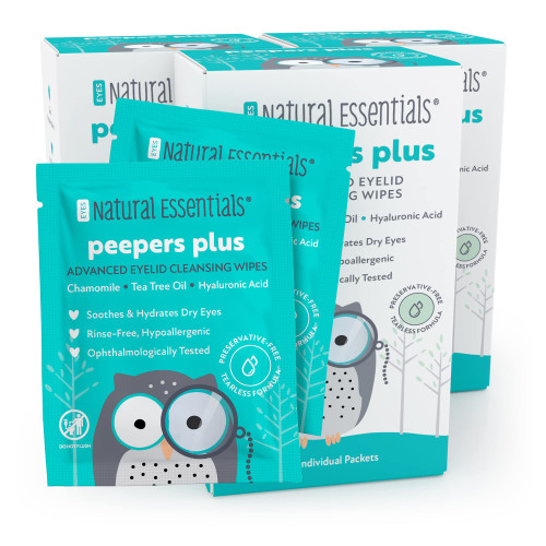 Peepers Plus Advanced Eyelid Wipes by Natural Essentials, Eyelash & Eye Wipes for Daily Use, Hydrating & Moisturizing Hyaluronic Acid & Tea Tree Oil Soothes Allergy Red & Dry Eyes (3Pk, 90 Count)