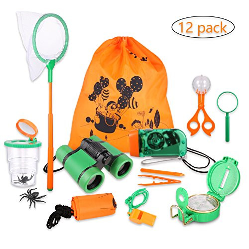 Outdoor Adventure Set for Kids - Explorer Kit, Educational Toys, Binoculars, Flashlight, Compass, Magnifying Glass, Butterfly Net, Tweezers, Bug Viewer, Whistle, Gift Set For Camping Hiking Backyard