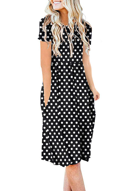 DB MOON Women Summer Casual Short Sleeve Dresses Empire Waist Knee Length Dress with Pockets (Polka Dot Black, L) DB MOON Women Summer Casual Short Sleeve Dresses Empire Waist Knee Length Dress with Pockets (Polka Dot Black, L)