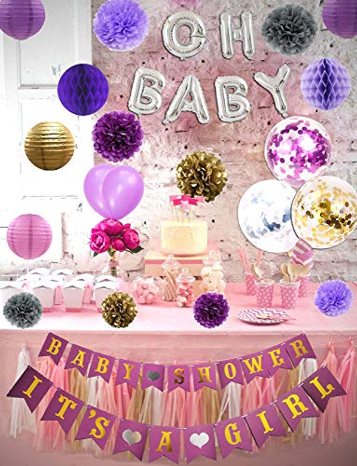 Baby Shower, Party and Nursery Room Decorations- BABY SHOWER & IT'S A GIRL Banners, OH BABY inflatable balloon, Pom Poms Paper, Lanterns, Honeycomb Balls Purple/Gold/Silver,Confetti Balloons