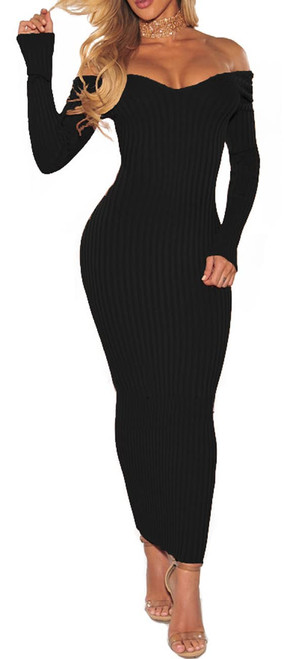 Women's Sexy Off Shoulder Long Sleeve Slim Knit Bodycon Ribbed Sweater Dress Midi Pencil Dress(Black Large)