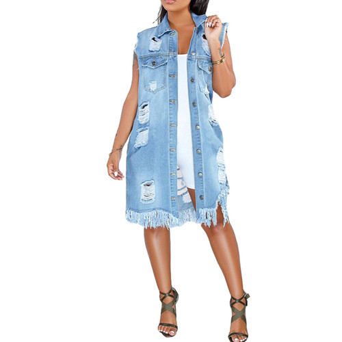 Songling Women's Distressed Ripped Sleeveless Mid Long Denim Jacket Jean Vest Cardigan Coats(Blue,L)