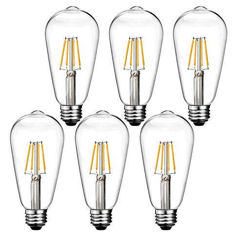 Dimmable 4W Vintage Edison LED Bulb 4000k (Daylight White) 400LM, 40W Equivalent, ST64(ST21) Antique Filament LED Light Bulbs, E26 Clear Glass Cover, Pack of 6(2 Year Warranty)