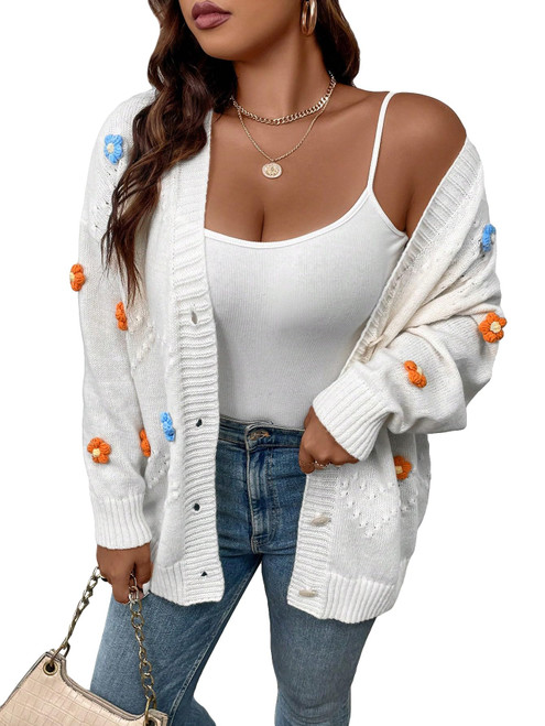 WDIRARA Women's Floral Long Sleeve Open Front Sweater Appliques Drop Shoulder Cable Knit Cardigan Apricot 0XL