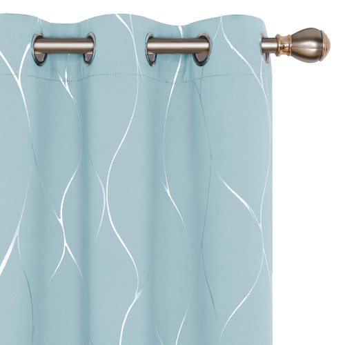Deconovo Silver Wave Foil Printed Blackout Curtains, Room Darkening Grommet Curtain, Thermal Insulated Window Drapes for Bedroom (42W x 72L Inch, Set of 2 Panels, Sky Blue)