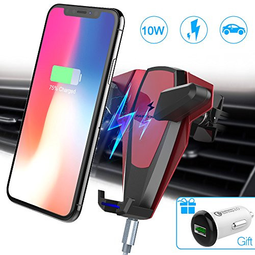 Wireless Car Charger, Foluu 10W Fast Wireless Charging Car Mount Phone Holder Car Wireless Charger Compatible with Samsung Galaxy S9/S9+/S8/S8+/S7/S7 Edge/S6 iPhone X/8/8+/Qi Enabled Devices Red