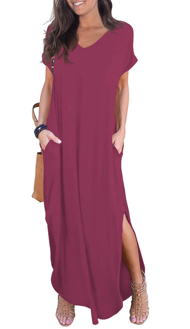 GRECERELLE Women's Casual Loose Pocket Long Dress Short Sleeve Split Maxi Dresses with Pockets Red Gray-Medium GRECERELLE Women's Casual Loose Pocket Long Dress Short Sleeve Split Maxi Dresses with Pockets Red Gray-Medium