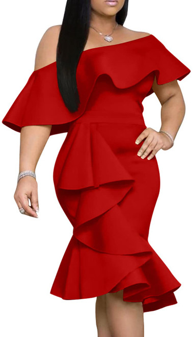 GOBLES Women's Elegant Off The Sholder Back Zipper Ruffles Bodycon Midi Cocktail Dress Red
