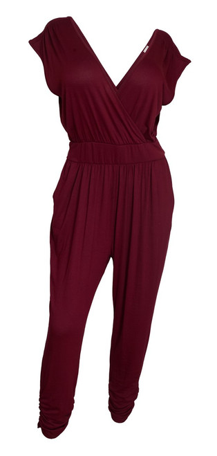 eVogues Plus Size Deep V-Neck Jumpsuit Burgundy - 1X