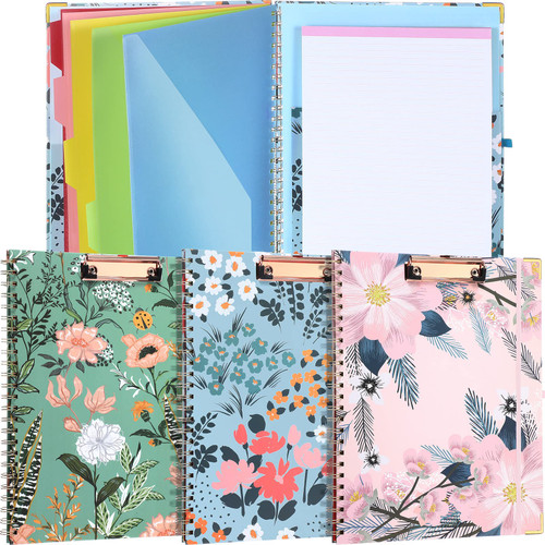 3 Pack Clipboard Folio Cute Clipboard Folder with Refillable Lined Notepad 5 Interior Storage Dividers with 10 Pockets and File Folder Labels Clipboard with Notepad for School Office (Floral Style)