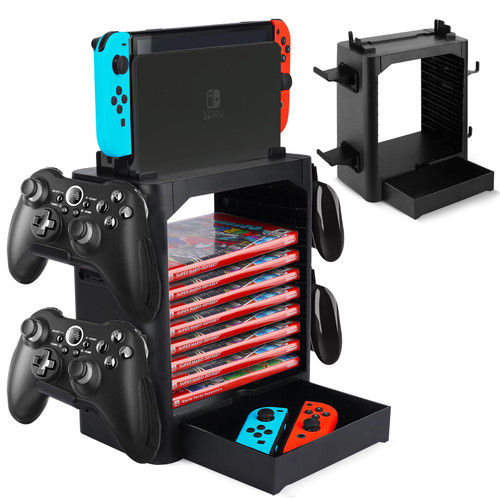 SIKEMAY Game Storage Tower for Nintendo Switch, Video Games Discs Organizers 10 PCS with 4 Controllers Holder, Switch Dock Stand for Nintendo Switch & OLED Joycons, Pro Controller Accessories Kit