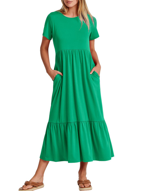 Prinbara Women's Summer Beach Dress Short Sleeve Crewneck Swing Dress Casual Flowy Tiered Maxi Dress with Pockets 7PA27-shuilv-L Turquoise
