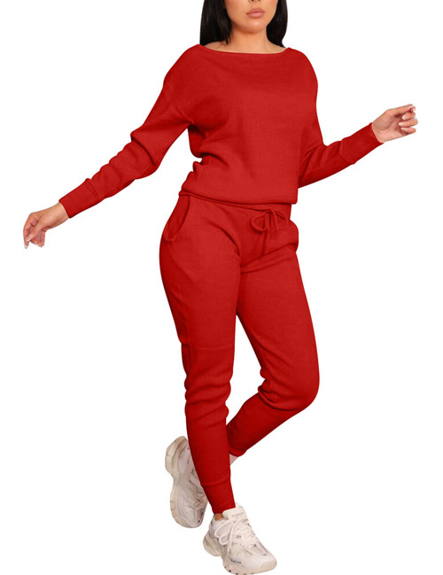 VASAUGE Women's Workout 2 Piece Tracksuit Outfits Long Sleeve Tops Track Sweat Suits Jogger Pants Sets Sweatsuit, Medium, Red