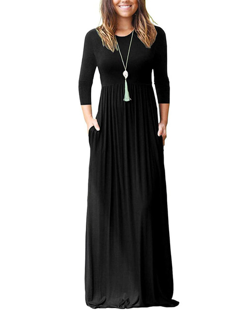 WNEEDU Women's 3/4 Sleeve Black Maxi Dress Loose Solid Casual Long Dresses with Pockets