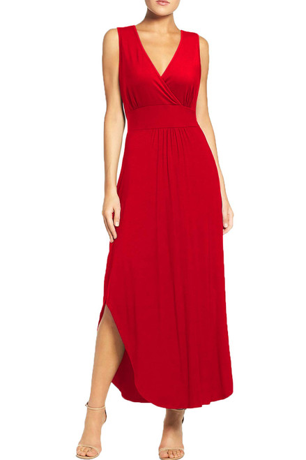 WOOSEA Women Sleeveless Deep V Neck Pocket Loose Long Dress Split Maxi Casual Dresses Red