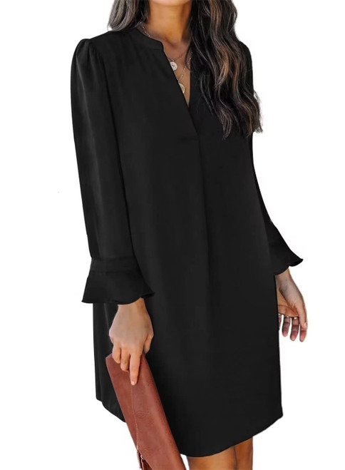 JOCAFIYE Womens Casual Dresses Long Sleeve V-Neck Dress Fall Ruffled Sleeve Shift Dress for Women Black M