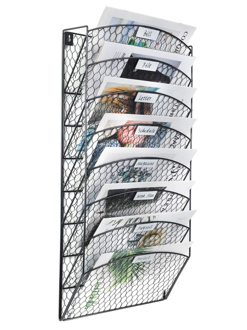 PAG Office Wall Organizer Metal Chicken Wire Hanging File Holder Paper Mail Literature Rack, 8 Pockets, Black