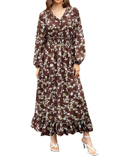 MISSKY Womens Casual Floral Deep V Neck Long Sleeve Long Evening Bohemian Beach Dress Cocktail Party Wedding Maxi Dresses Brown S
