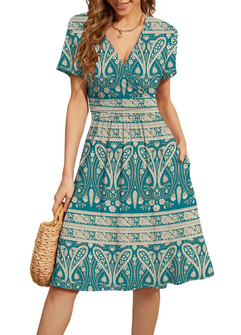 WEACZZY Sundresses for Women Casual Floral Summer Dress Short Sleeve Paisley Print Sun Dress V-Neck Swing Flowy Dresses with Pockets, Green Khaki, Large