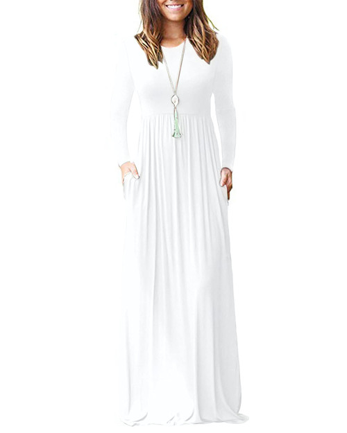 AUSELILY Women Long Sleeve Loose Plain Plus Size Maxi Dresses Casual Long Dresses with Pockets S,White