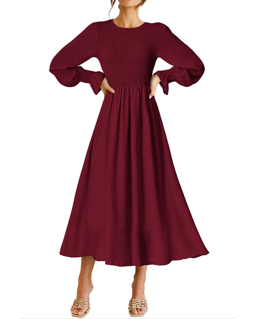 dowerme Women Casual Petal Long Sleeve Crewneck Smocked A-Line Flowy Solid Maxi Dress Fall Winter Party Cocktail Dresses(Solid Wine Red,Medium)