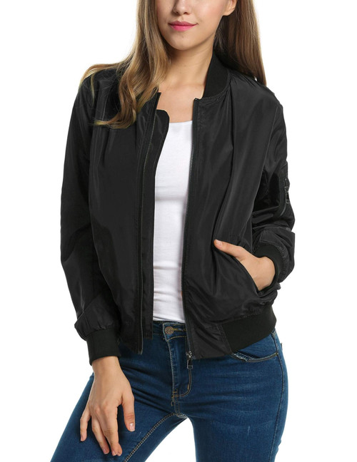 Zeagoo Womens Classic Casual Lightweight Solid Zip Up Bomber Jacket Coat, F-black, Large