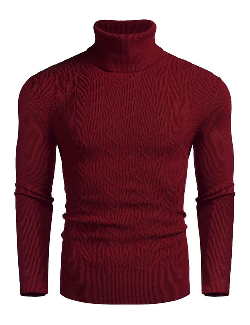 COOFANDY Men's Slim Fit Turtleneck Sweater Casual Pullover Sweater Basic Twist Patterned Knitted Sweater Wine Red