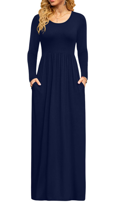 DB MOON Women Casual Long Sleeve Navy Blue Maxi Dresses Empire Waist Long Dress with Pocket L