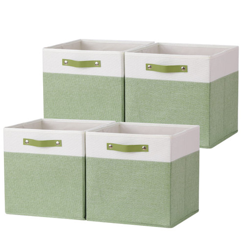 DULLEMELO Storage Bins 13x13 Fabric Storage Cubes for Organizing Toys, Foldable Cube Organizer Bins for Closet Shelves Toys Playgroom Towels,Set of 4, White&Green