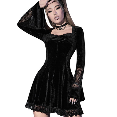 Gothic Dress,Black Gothic Clothes for Women Vintage, Lace Mini Alt Dress Sexy Bodycon Long Sleeves