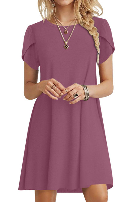 HOTGIFT Summer Womens Sundress Short Sleeve Crewneck Dresses Elastic Loose Swing Dress Purple Red Medium