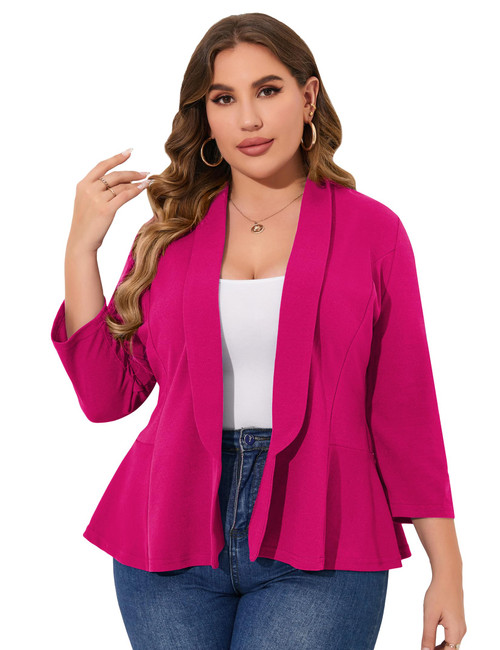 KOJOOIN Women Plus Size Casual Blazer Open Front Long Sleeve Work Office Cardigan Jackets Rose Red 2XL