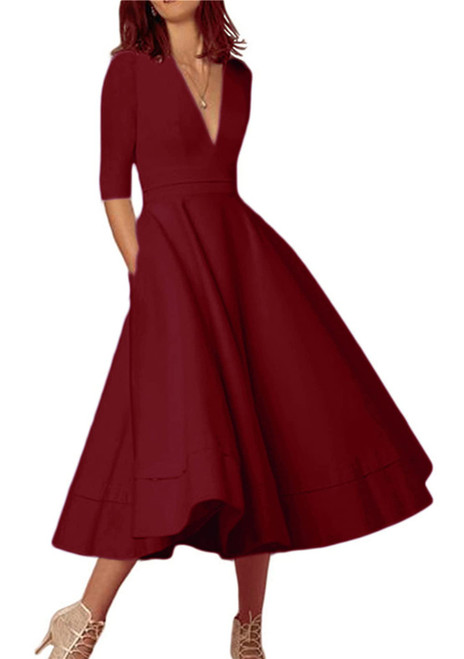 YMING Womens Retro Deep V Neck Maxi Dress 3/4 Sleeve Long Dress with Pockets Wine Red 2XL YMING Womens Retro Deep V Neck Maxi Dress 3/4 Sleeve Long Dress with Pockets Wine Red 2XL