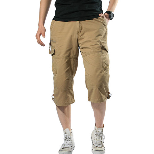 Maiyifu-GJ Men's 3/4 Long Cargo Shorts Loose Fit Below Knee Tactical Capri Short Relaxed Fit Short Pants with Multi Pockets (Khaki,3X-Large)