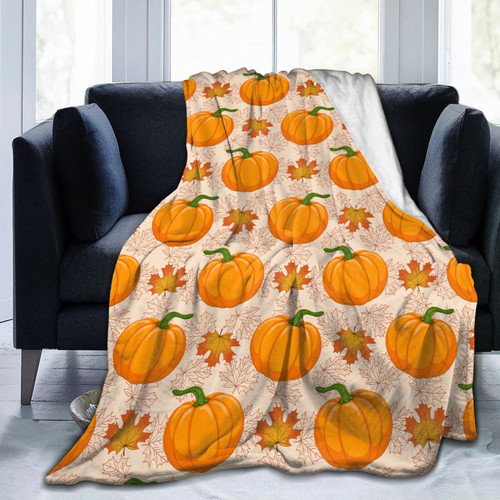 Pumpkin and Autumn Maple Falling Leaves Throw Blanket Super Soft Lightweight Fall Leaf Thanksgiving Day Flannel Blanket for Sofa Couch Bed,Ultra Warm Cozy Blankets for All Seasons 60"X50"