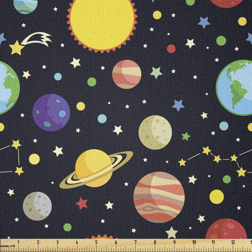 Ambesonne Space Fabric by The Yard, Comets and Constellations Stars with Polka Dots Earth Sun Saturn Mars Solar System, Stretch Knit Fabric for Clothing Sewing and Arts Crafts, 3 Yards, Black Yellow