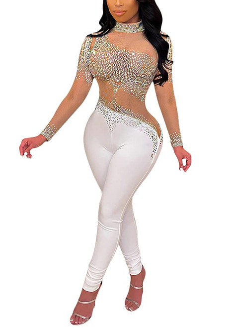 WOKANSE One Piece Outfits Jumpsuits for Women - Sexy Mesh See Through Rhinestone Long Sleeve Bodycon Romper Playsuit White S