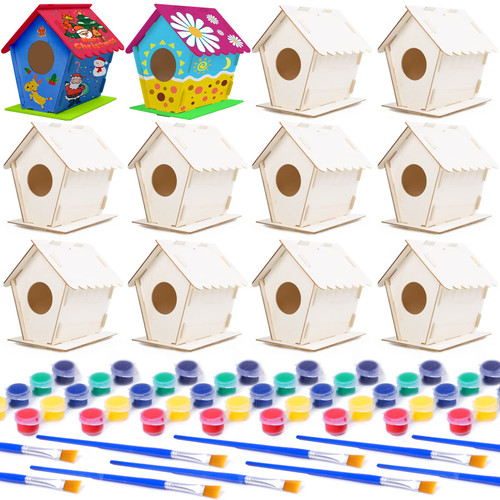 hapray 12 Pack Bird House Kit, DIY Birdhouse Kits, Wooden Crafts Arts for Children to Build and Paint (Includes Paints & Brushes) for Kids Girls Boys Toddlers Christmas Gift