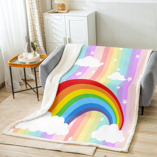 Rainbow Bed Blanket Kids Girls Star and Cloud Sherpa Blanket Soft Cozy Lightweight Colorful Stripes Plush Fleece Cartoon Style Blanket Gifts for Bed Chair Office Sofa(Throw 50"x60")