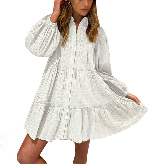 Aox Women Ruffle Sleeve Tunic Midi Dress Flowy Shift Sundress Sweet Babydoll Button Down Swing Skirt (Small, White 202219)