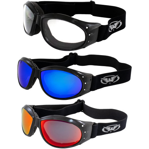 3 Pairs of Global Vision Eliminator Padded Motorcycle Goggles Black Frames Clear G-Tech Red & Blue Mirror Lenses 3 Pairs of Global Vision Eliminator Padded Motorcycle Goggles Black Frames Clear G-Tech Red & Blue Mirror Lenses