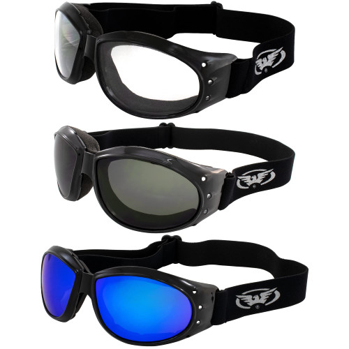 3 Pairs of Global Vision Eliminator Padded Motorcycle Dirt Bike Goggles Black Frames Clear Smoke & G-Tech Blue Mirror Lenses 3 Pairs of Global Vision Eliminator Padded Motorcycle Dirt Bike Goggles Black Frames Clear Smoke & G-Tech Blue Mirror Lenses