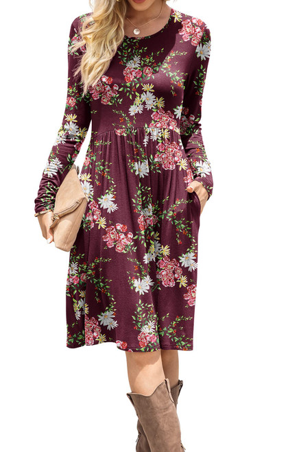 DB MOON Women Casual Long Sleeve Dresses Empire Waist Loose Dress with Pockets (Flower Wine Red, M) DB MOON Women Casual Long Sleeve Dresses Empire Waist Loose Dress with Pockets (Flower Wine Red, M)
