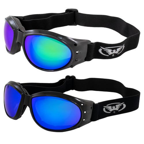 2 Pairs of Global Vision Eliminator Padded Motorcycle Riding Goggles Black w/Green & Blue Mirror Lenses 2 Pairs of Global Vision Eliminator Padded Motorcycle Riding Goggles Black w/Green & Blue Mirror Lenses