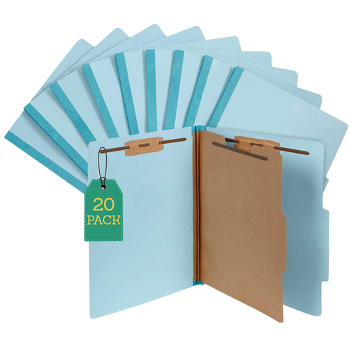 1InTheOffice Classification Folders, 2 Divider Classification Folders, File Folders with Dividers, 2.5" Expansion, Letter Size, Light Blue, 20 pcs